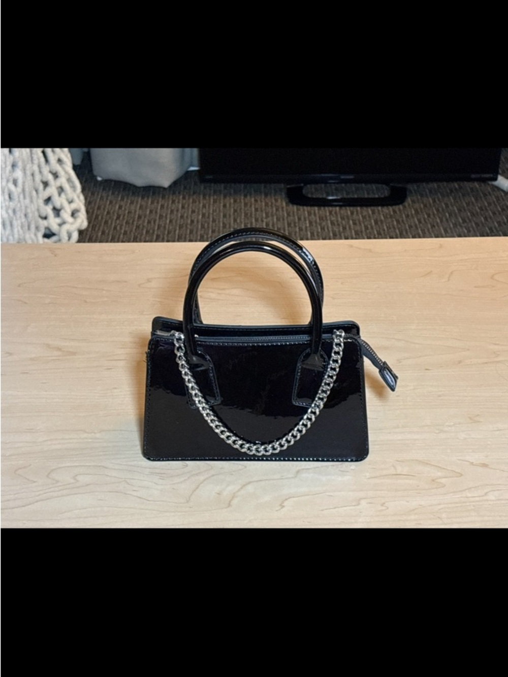 Black Patent Top-Handle Bag with Silver Chain